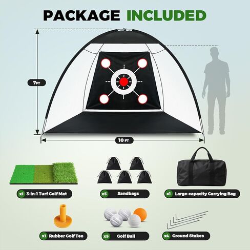 Golf Net 10x7FT All-in-One with Tri-Turf Practice Mat, Ball, Target & Carry Bag, Backyard & Indoor Outdoor Golf Hitting Net for Driving, Chipping, Swing Training, Golf Gift for Men, Dad, Him, Golfer in Kuwait