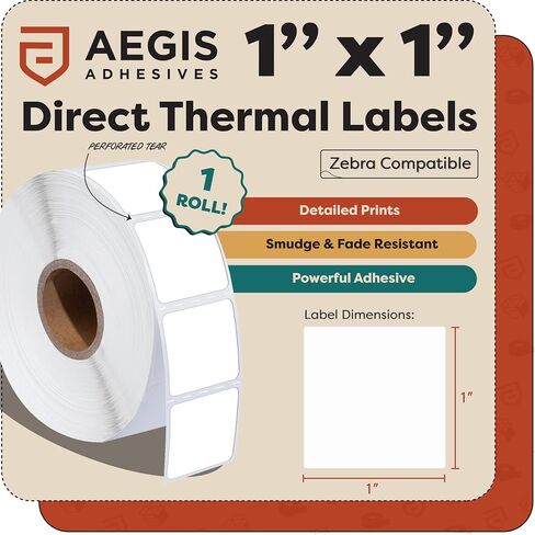 Aegis Adhesives - 1.5" X 1.5" Square Direct Thermal Labels (900 Count, 1 Roll) - QR Code Stickers, Price Tags, Barcode Labels for Inventory - Compatible with Zebra Printers, NOT Rollo Compatible in Kuwait