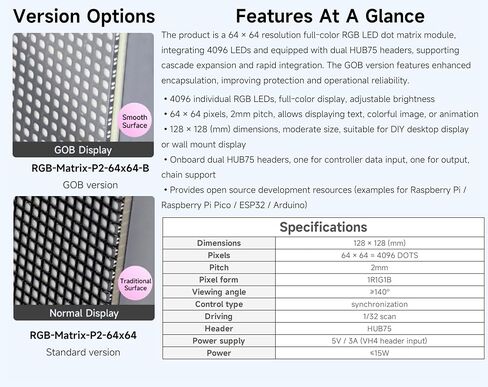 4096 64×64 RGB Full-Color LED Matrix Panel, 2mm Pitch Display Screen Compatible with Raspberry Pi 5/4B/Zero 2W/Zero/Pico 2W /Pico 2W, ESP32, Support Adjustable Brightness, Chainable in Kuwait