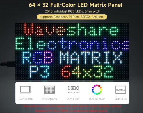 2048 RGB Full-Color LED Matrix Panel, 3mm Pitch, 64 × 32 Pixels Display Screen Compatible with Raspberry Pi 5/4B/Zero 2W/Zero/ Pico 2W /Pico 2W, ESP32, Support Adjustable Brightness,GOB-Waterproof in Kuwait