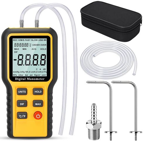 Tellegloww Professional Air Pressure Meter, Dual-Port HVAC Digital Manometer Gas Pressure Tester with 9.8 ft Soft Tube, 2 Pcs Static Air Probes, ±20.68kpa, 12 Selectable Units, Included Battery in Kuwait