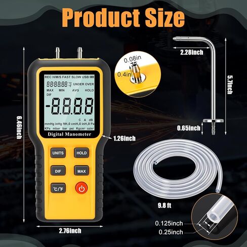 Tellegloww Professional Air Pressure Meter, Dual-Port HVAC Digital Manometer Gas Pressure Tester with 9.8 ft Soft Tube, 2 Pcs Static Air Probes, ±20.68kpa, 12 Selectable Units, Included Battery in Kuwait