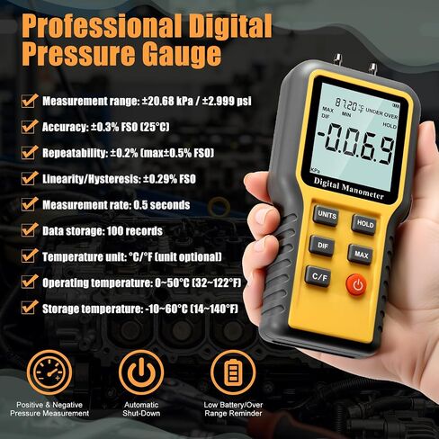 Tellegloww Professional Air Pressure Meter, Dual-Port HVAC Digital Manometer Gas Pressure Tester with 9.8 ft Soft Tube, 2 Pcs Static Air Probes, ±20.68kpa, 12 Selectable Units, Included Battery in Kuwait