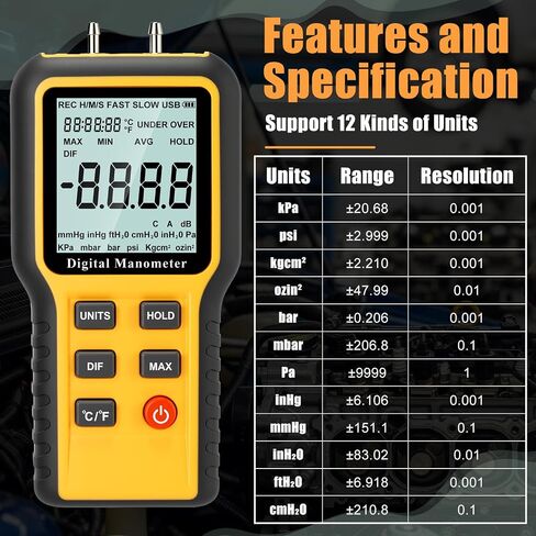 Tellegloww Professional Air Pressure Meter, Dual-Port HVAC Digital Manometer Gas Pressure Tester with 9.8 ft Soft Tube, 2 Pcs Static Air Probes, ±20.68kpa, 12 Selectable Units, Included Battery in Kuwait