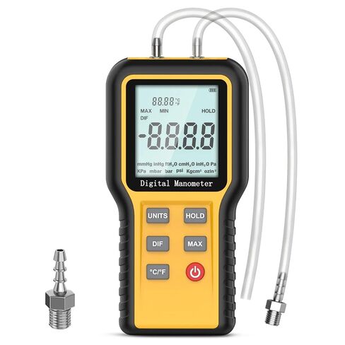 مقياس الضغط HVAC ثنائي المنفذ، مقياس ضغط الهواء الاحترافي، 12 وحدة قابلة للاختيار لقياس الضغط التفاضلي مع إضاءة خلفية شاشة LCD كبيرة (البطارية متضمنة) in Kuwait