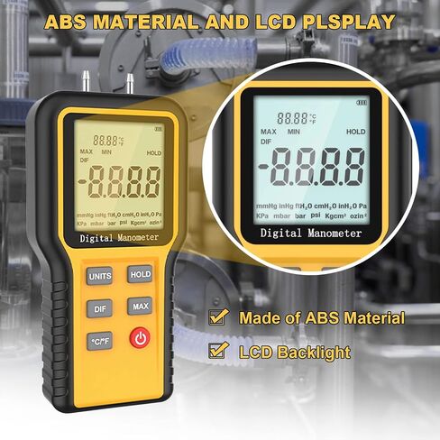 مقياس الضغط HVAC ثنائي المنفذ، مقياس ضغط الهواء الاحترافي، 12 وحدة قابلة للاختيار لقياس الضغط التفاضلي مع إضاءة خلفية شاشة LCD كبيرة (البطارية متضمنة) in Kuwait