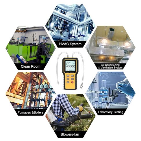 مقياس الضغط HVAC ثنائي المنفذ، مقياس ضغط الهواء الاحترافي، 12 وحدة قابلة للاختيار لقياس الضغط التفاضلي مع إضاءة خلفية شاشة LCD كبيرة (البطارية متضمنة) in Kuwait