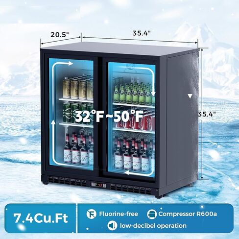7.4 Cu.Ft Back Bar Cooler 35.4" W Beverage Refrigerator, 2 Low-E Glass Sliding Doors, Counter Height Bar Fridge, Commercial Display Refrigerator Anti-Fog, LED Light for Beer, Wine, Soft Drinks in Kuwait