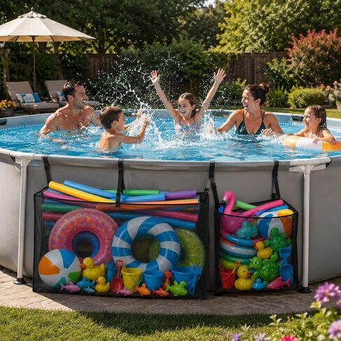 حقيبة تخزين عائمة لحمام السباحة من Unmake مكونة من قطعتين، منظم شبكي معلق كبير وصغير | أشرطة قابلة للتعديل، تناسب الأسوار وحمامات السباحة الموجودة فوق الأرض، وتحمل معكرونة حمام السباحة، وحلقات السباحة، والكرات والأشياء القابلة للنفخ in Kuwait