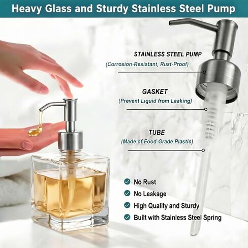 Square Bathroom Soap Dispenser, Brushed Nickel, Glass Bottle, Stainless Steel Pump, Kitchen Hand Soap Dispenser in Saudi Arabia