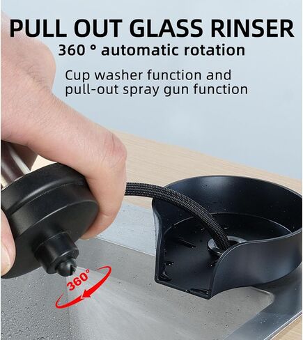 Automatic Glass Rinser, Kitchen Sink Cup Washer, Stainless Steel Professional Bottle Cleaner, Ideal for Home Kitchens, Bars, and Cafes, Rustproof and Wear, Easy to Attach (Black) in Kuwait