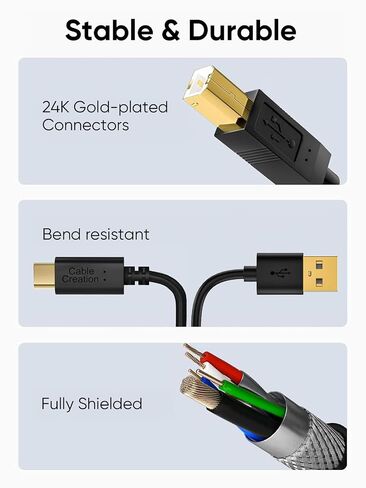 CableCreation 2 in 1 Printer Cable to USB C/USB-A, USB B to USB C MIDI Cable Compatible with MacBook Pro, Air, Yamaha Casio Digital Piano, MIDI Keyboard, DJ Controller, DAC to iPad, 5FT in Kuwait