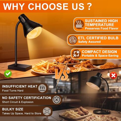 Food Heat Lamp [Fast & Uniform Heating] [Compact Design] Commercial Food Warmer Light, 250W Heat Lamp for Food, Warming Lamp for Parties, Buffet, Restaurant, Kitchen, Home Use (Black) in Kuwait