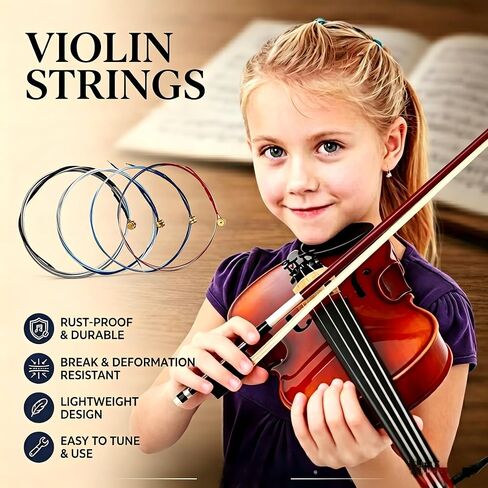 8 PCS Violin Strings 4/4 Full Set with 2 Cleaning Cloths, Universal Steel Core Fiddle Strings for 4/4, 3/4, 1/2, 1/4 Size Violins, Ideal for Beginners, Students & Daily Practice in Kuwait