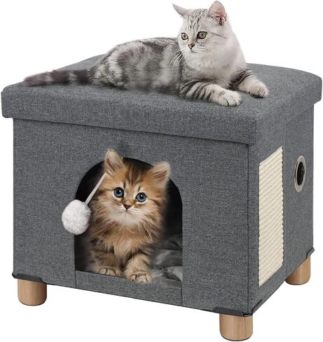 Brian & Dany Cat House للقطط الداخلية ، سرير كهف Cat للحيوانات الأليفة ، مكعب Cat مع Cat Scratch Board و Cat Ball ، 14.7 "× 14.1" × 12.7 "، Beige in Kuwait