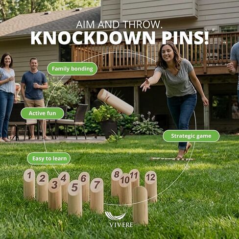 إصدار Vivere Viking Throw Tournament Edition، مجموعة ألعاب البولينج في الهواء الطلق للأطفال والكبار مع 12 دبابيس وعصا وحقيبة حمل للعب في الفناء الخلفي والشاطئ والحديقة in Kuwait