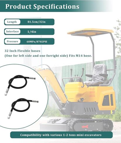 2PCS M14 Hose Excavator Diverter Valve Hoses Compatible with 1-2 ton Chinese Mini Excavator,60MPa,8702PSI,32 Inch long,1/4in Interface in Kuwait