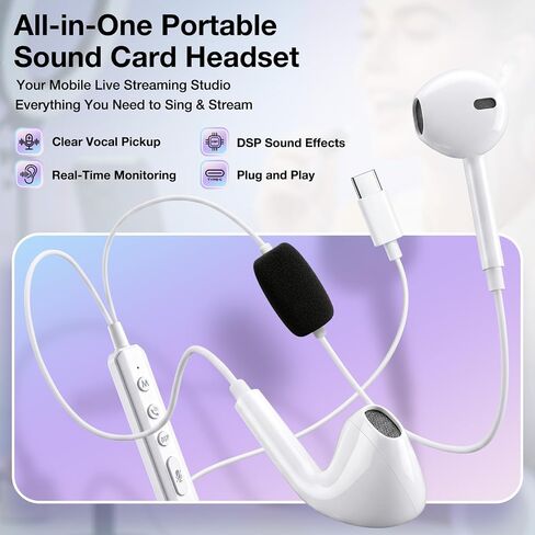 KM08 Portable in-Ear Monitor Live Streaming & Karaoke Headset with Mic, Built-in Sound Card for Sound Effects & Voice Changer, 2-in-1 Wired Earbuds & Microphone for TikTok YouTube Streaming Podcast in Saudi Arabia