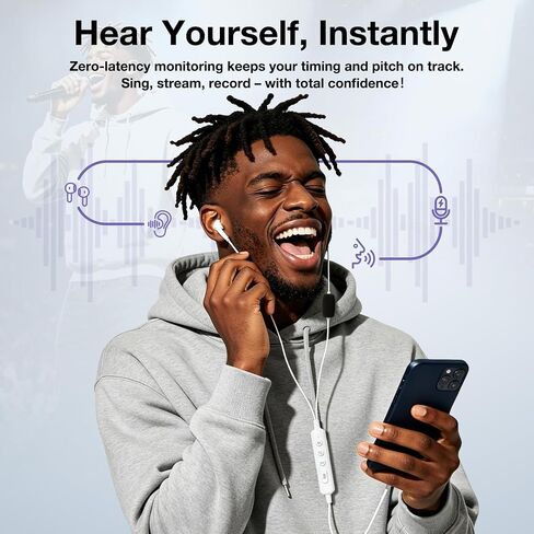 KM08 Portable in-Ear Monitor Live Streaming & Karaoke Headset with Mic, Built-in Sound Card for Sound Effects & Voice Changer, 2-in-1 Wired Earbuds & Microphone for TikTok YouTube Streaming Podcast in Saudi Arabia