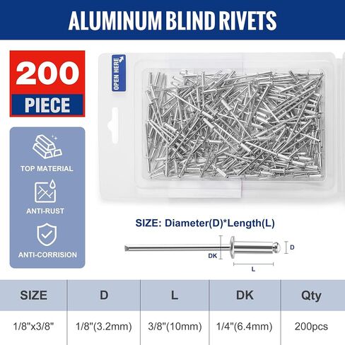 WORKPRO 200Pcs Aluminum Blind Rivets, 1/4" x 1/2" Pop Rivets Assortment, Aluminum Grip and Steel Mandrel, for Metal, Marine Boat, Automotive, Railway, and Duct Work- Pack of 200, Silver in Kuwait