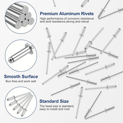 WORKPRO 200Pcs Aluminum Blind Rivets, 1/4" x 1/2" Pop Rivets Assortment, Aluminum Grip and Steel Mandrel, for Metal, Marine Boat, Automotive, Railway, and Duct Work- Pack of 200, Silver in Kuwait