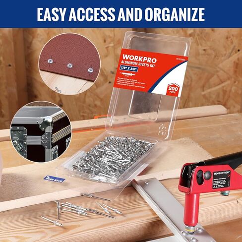 WORKPRO 200Pcs Aluminum Blind Rivets, 1/4" x 1/2" Pop Rivets Assortment, Aluminum Grip and Steel Mandrel, for Metal, Marine Boat, Automotive, Railway, and Duct Work- Pack of 200, Silver in Kuwait