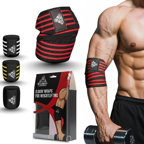 Elbow Wraps for Weightlifting (Pair), Stretchable & Breathable 41" Elbow Compression Strap, Weightlifting Straps for Bench Press, Supports Powerlifting, Pressing, Elbow Straps for Gym Accessories for Men (Black) in Kuwait