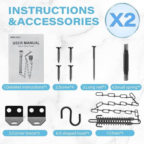 Storm Door Chain Spring 2 Pack Prevent Storm Damage, Screen Door or Door Closer Protector Heavy Duty Storm Door Hardware, Zinc Plated Anti-Rust and Sturdy, Easy to Install and Suit for Most Doors in Kuwait