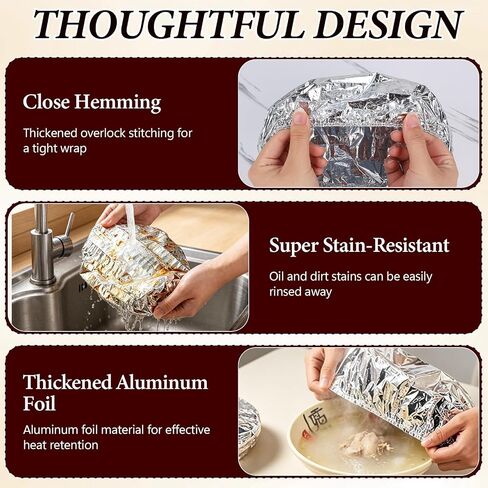 50 PCS Reusable Aluminum Foil Food Covers,TinFoil Bowl Covers with Elastic,Heat-Insulating, Freshness-Preserving, Thickened Heat-Resistant Materialfor cooking, food storage, and trave in Kuwait