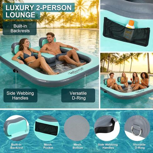 2 Person Inflatable Water Hammock,Tanning Pool Floats for Adults,Heavy Duty Drop-Stitch with Mesh Bottom&Backrests,Sunchill Float,Inflatable Floating Island for Lake,Ocean, River & Pool Party in Kuwait