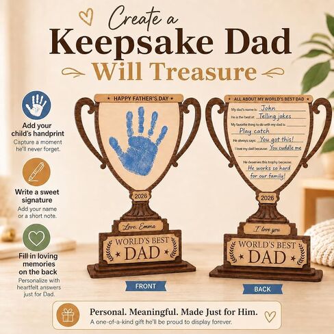 Father’s Day Crafts for Kids Wooden Trophy, DIY Dad Handprint Keepsake Craft for Dad, Personalized Father’s Day Gift from Kids Toddlers, Dad Custom Gifts from Daughter Son in Kuwait