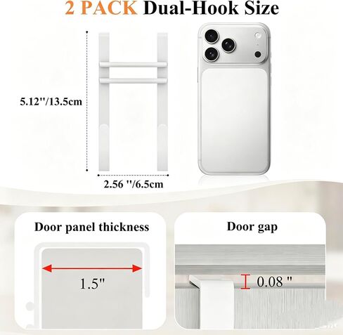 FYY Over the Door Hooks, No Assembly Required 2 PCS Double Hanger Heavy Duty Metal Towel Rack with Soft Pads, Organizer for Coat, Bag, Robe-Fits Bathroom, Closet Dorm Up to 1 1/2", 5.11" Long, White in Kuwait