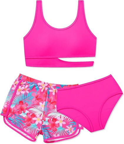 Girls Swimsuit 3 Piece High Waist Sport Bathing Suit Quick Dry Bikini Tankini Sets with Shorts for 7-16 in Kuwait