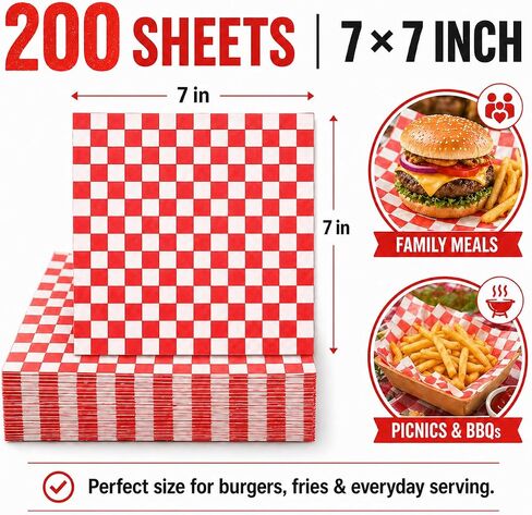 200 Pcs Wax Paper for Food 7x7 Inch, Red White Checkered Deli Paper Sheets, Grease Resistant Food Basket Liners for Sandwiches, Burgers, BBQ, Party, Picnic in Kuwait