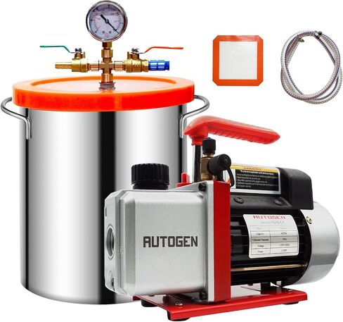 طقم غرفة فراغ AUTOGEN سعة 5 جالون غطاء من الزجاج المقسى مع مضخة تفريغ ذات مرحلة واحدة 4 CFM HVAC، مثالية لتثبيت الخشب والسيليكون التفريغ والإيبوكسي والزيوت العطرية in Kuwait