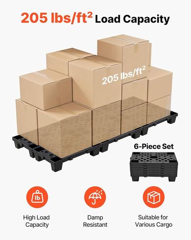 VEVOR Plastic Pallets, 6 Pcs Plastic Pallets for Basement Storage, Nestable Lightweight Waterproof Storage Pad with Breathable Grid for Indoor Outdoor Supermarket Warehouse, 19.7" x 12" x 3.9", Black in Kuwait