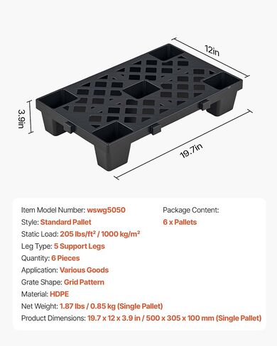 VEVOR Plastic Pallets, 6 Pcs Plastic Pallets for Basement Storage, Nestable Lightweight Waterproof Storage Pad with Breathable Grid for Indoor Outdoor Supermarket Warehouse, 19.7" x 12" x 3.9", Black in Kuwait