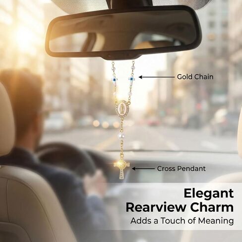 Car Rosary for Rearview Mirror,Cross Rearview Mirror Auto Rosary Beads Car Medal and Cross Hanging Accessories for Mirror Interior Decors for Women Men in Saudi Arabia