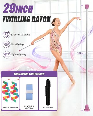 29 Inch Twirling Baton for Kids & Adult, Purple Majorette Baton Stainless Steel with 2 Dance Ribbons and Grip Tape for Gymnastics, Dance & Baton Twirling Beginners in Kuwait