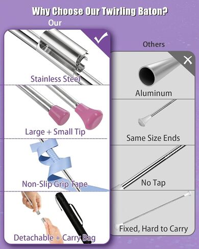 29 Inch Twirling Baton for Kids & Adult, Purple Majorette Baton Stainless Steel with 2 Dance Ribbons and Grip Tape for Gymnastics, Dance & Baton Twirling Beginners in Kuwait