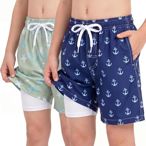Rolimaka 2 Pack Boys Swim Trunks with Boxer Brief Liner Quick Dry Bathing Suit Compression Swimwear Stretch Swim Shorts in Kuwait
