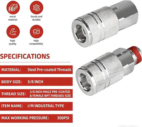 3/8 Inch Body Air Hose Quick Connect Fittings,Industrial M-Type, 3/8" NPT Threads Couplers and Plugs,I/M Industrial Type 6PCS Air Compressor Accessories Kit in Kuwait