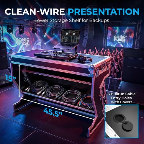 DeeJay Led Stackable Folding DJ Table, Pro ATA-300 Flight Case Workstation with Bottom Storage Shelf, Cable Management & Wheels, Heavy Duty Mobile DJ Booth for Events & Travel - TBHZTABLE in Kuwait