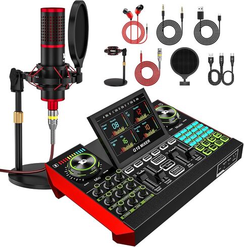 جهاز مزج الصوت G10 مع ميكروفون M18 XLR، حزمة معدات البودكاست مع حامل قاعدة دائري، طاقة فانتوم 48 فولت، لوحة صوت مغير الصوت لبث هاتف الكمبيوتر الشخصي G10-M18(DISC) in Kuwait