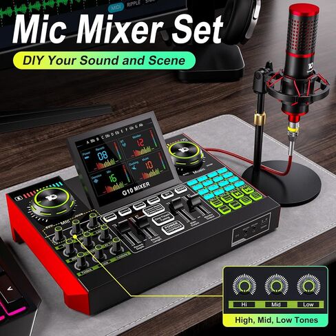 جهاز مزج الصوت G10 مع ميكروفون M18 XLR، حزمة معدات البودكاست مع حامل قاعدة دائري، طاقة فانتوم 48 فولت، لوحة صوت مغير الصوت لبث هاتف الكمبيوتر الشخصي G10-M18(DISC) in Kuwait