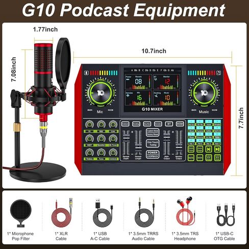 جهاز مزج الصوت G10 مع ميكروفون M18 XLR، حزمة معدات البودكاست مع حامل قاعدة دائري، طاقة فانتوم 48 فولت، لوحة صوت مغير الصوت لبث هاتف الكمبيوتر الشخصي G10-M18(DISC) in Kuwait
