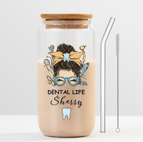 Dental Life Glass Can Cup with Bamboo Lid and Glass Straw, Personalized Jasmine Design (2) in Kuwait
