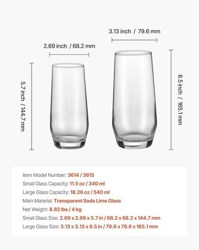 16-Piece Crystal Drinking Glasses Set, Includes 8 Highball Glasses (18.26 Oz) & 8 Cocktail Glasses (11.5 Oz), Clear Glassware for Kitchen, Juices, Sodas, Smoothies & Cocktails in Kuwait