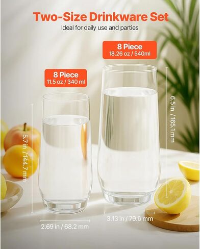 16-Piece Crystal Drinking Glasses Set, Includes 8 Highball Glasses (18.26 Oz) & 8 Cocktail Glasses (11.5 Oz), Clear Glassware for Kitchen, Juices, Sodas, Smoothies & Cocktails in Kuwait