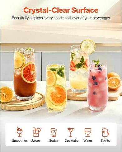 16-Piece Crystal Drinking Glasses Set, Includes 8 Highball Glasses (18.26 Oz) & 8 Cocktail Glasses (11.5 Oz), Clear Glassware for Kitchen, Juices, Sodas, Smoothies & Cocktails in Kuwait